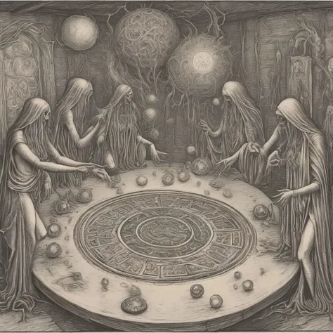 a drawing of three women around a table with a circular table