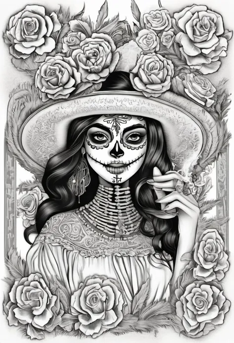 dal Dansemacabre arte em preto e branco altamente detalhada ilustrando um cartão do dia dos mortos com uma linda garota mexicana sorridente com pintura facial tradicional de caveira branca estendendo a mão para o observador como um convite para a vida após a morte. Fronteira de vários Flor de Muerto nativos enrolados em torno de velas acesas em um padrão complicado. Este cartão foi impresso em xilogravura prensada à mão em uma impressora. 
