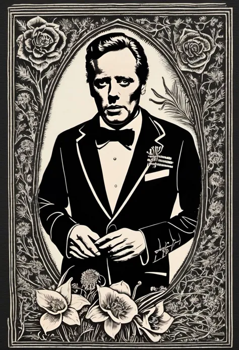 a close up of a drawing of a man in a tuxedo