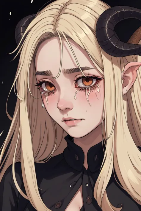 a succubus girl, blonde, long hairs, goat horns, thin horn, masterpiece, facial portrait, best quality, sad, tears, tangled hair...