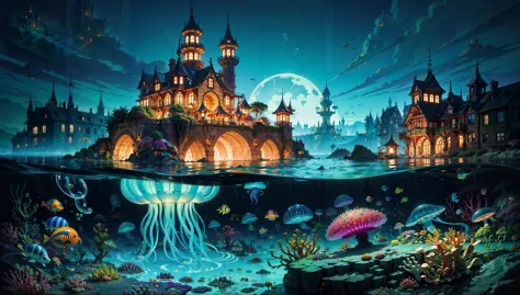 masterpiece,best quality,fantasy,a giant city under the sea,architecture,blue spot,many pure jellyfish,orange light,