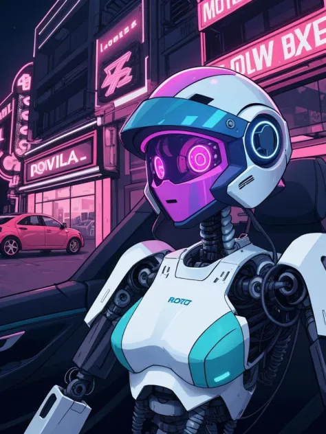 (best quality, masterpiece), 1girl, robotic, mechanical arms, neon lights, helmet, visor down,scenery, car,