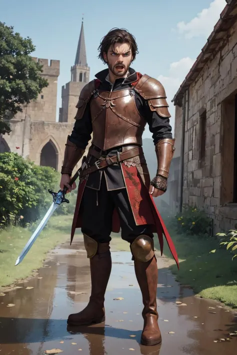 (masterpiece, best quality), a full body dynamic pose, cinematic shot, combat, photo of a (shouting masculine man, (short dark hair), angry facial expression stubble:1.2) futuristic red/black armor (muddy leather boots, tightly gripping swinging longsword:1.1), 
BREAK
muddy path through a ruined medieval town , distant castle in the background, (extremely detailed CG unity 8k wallpaper), photo of the most beautiful artwork in the world, professional photorealistic picture, trending on ArtStation, trending on CGSociety, Intricate, High Detail, Sharp focus, dramatic, photorealistic painting art by midjourney looking at viewer, detailed eyes, (perfect eyes)   ((detailed realistic skin, life-like detailed realistic face)),   fantasy,