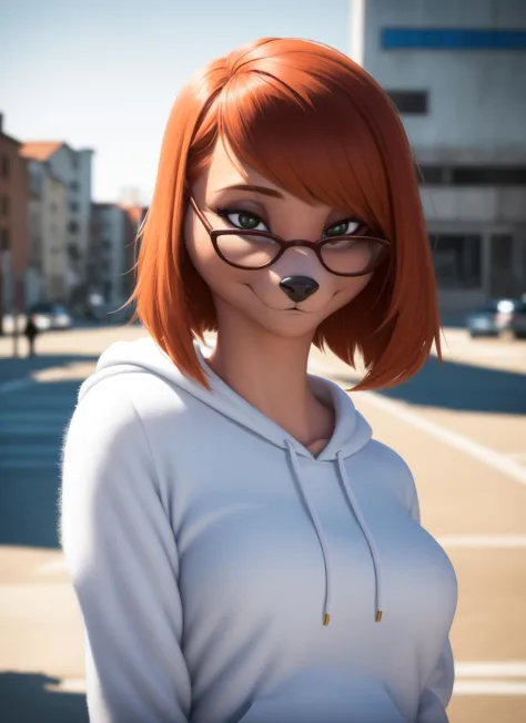 sylvia, librarian, furry female anthro, portrait, close-up,  (white hoodie:1.2),  solo, (body fur:1.2), (best quality), (detailed urban background:1.2), dramatic lighting, (detailed fluffy fur:1.1), looking at viewer,   medium breasts,  <lora:sylvia-v2-locon:1>