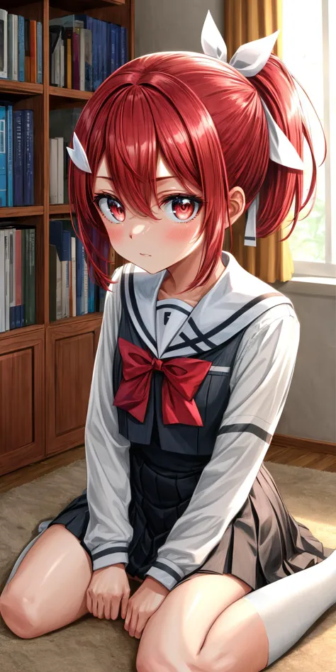 anime girl sitting on the floor in front of a bookcase