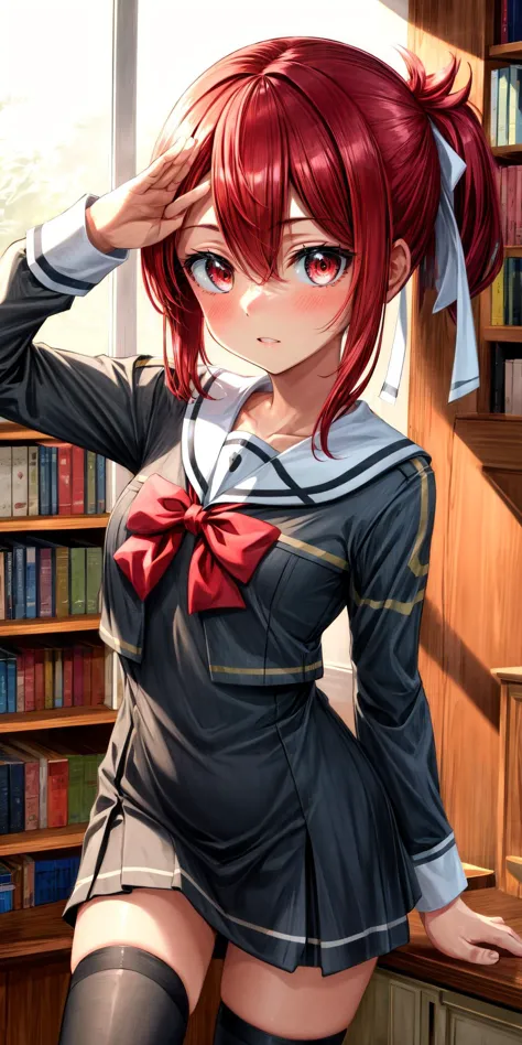 anime girl in a library with a book shelf full of books