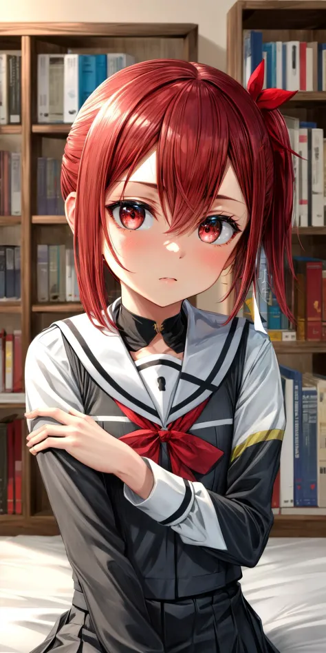 anime girl with red hair and a bow tie sitting on a bed