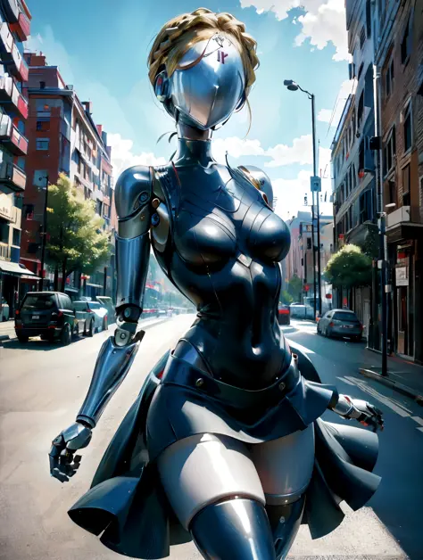 (robot:1.2), masterpiece, best quality, detailed, 1girl, hair, looking at viewer, (top:1.4), (mini skirt:1.3), city, people, arm...