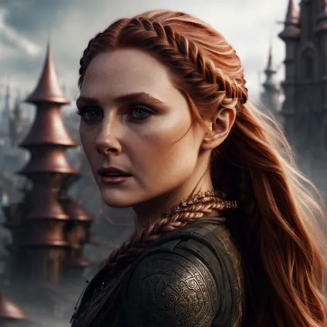 a woman with long red hair and braids stands in front of a castle