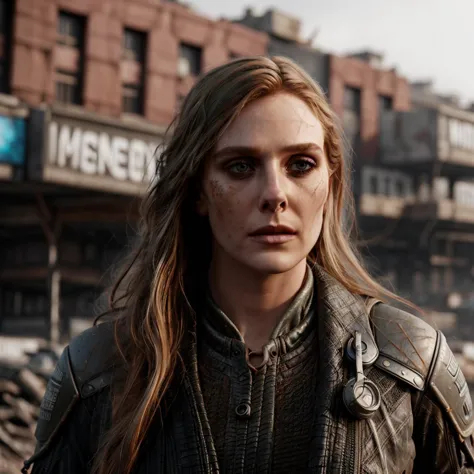 editorial photo of a beautiful woman go through the postapocalyptic city, <lora:person_elizabeth_olsen_v3:0.9>, (28 years old), ...