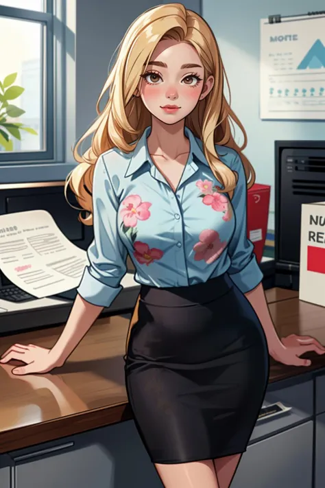 blonde long hair intern papers pencil skirt office surprise floral pattern
