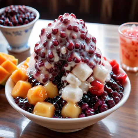 Shaved ice,A highly realistic depiction of traditional shaved ice, often referred to as 'old-fashioned' or 'classic style.' The image captures a heaping bowl of finely shaved ice, with the texture appearing soft and fluffy, almost like freshly fallen snow. Drizzled atop the ice are vibrant, syrupy streams of various classic flavors like strawberry, mango, and condensed milk, each glistening under a soft light. Around the bowl, traditional toppings are scattered artistically: sweet red beans, chewy tapioca pearls, and chunks of fresh fruit. The background is a simple, rustic table setting, evoking a sense of nostalgia and simplicity , 