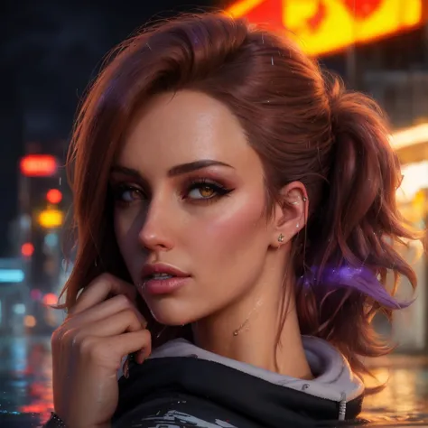 best quality, masterpiece, cinematic, realistic, cyberpunk, cyberpunk city, neon, volumetric lighting, black sky, (raining, thunderstorm), 1girl, (cyberpunk clothing, hoodie, pants, punk clothes), (flowing brown hair), water reflecting off ground, bubble butt, No-one29, (dark brown eyes), big breasts, closed mouth