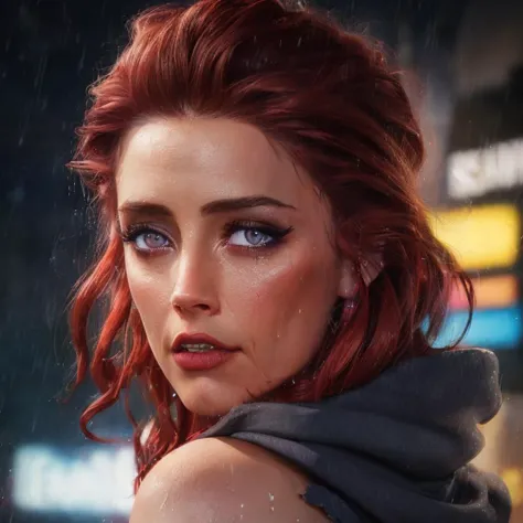 a close up of a woman with red hair and a hoodie