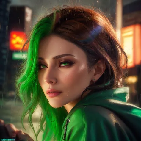 a woman with green hair and a green jacket is looking at the camera