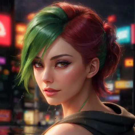 best quality, masterpiece, cinematic, realistic, cyberpunk, cyberpunk city, neon, volumetric lighting, black sky, (raining, thunderstorm), 1girl, (scarlet witch clothing, hoodie, pants, punk clothes), (flowing green hair), water reflecting off ground, bubble butt, No-one24, (dark brown eyes), big breasts, closed mouth