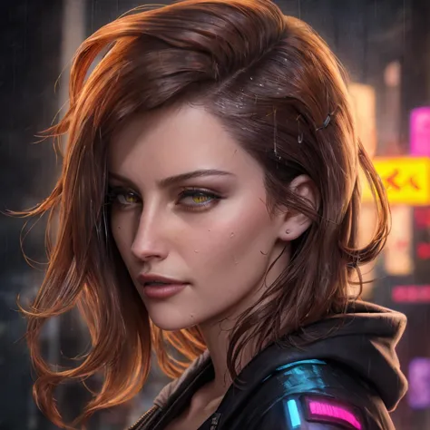 best quality, masterpiece, cinematic, realistic, cyberpunk, cyberpunk city, neon, volumetric lighting, black sky, (raining, thunderstorm), 1girl, (cyberpunk clothing, hoodie, pants, punk clothes), (flowing brown hair), water reflecting off ground, bubble butt, No-one22, (dark brown eyes), big breasts, closed mouth, chaingirldark style