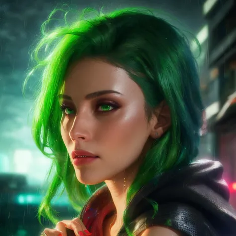 a woman with green hair and a hoodie is looking at the camera