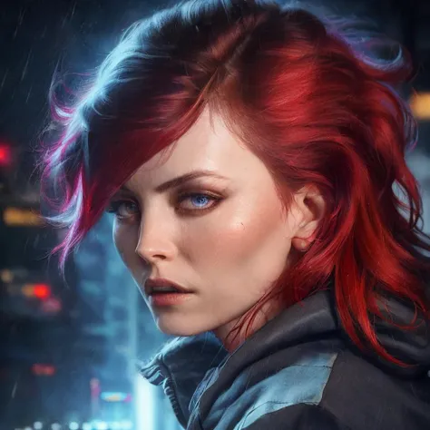 a close up of a woman with red hair and a black jacket