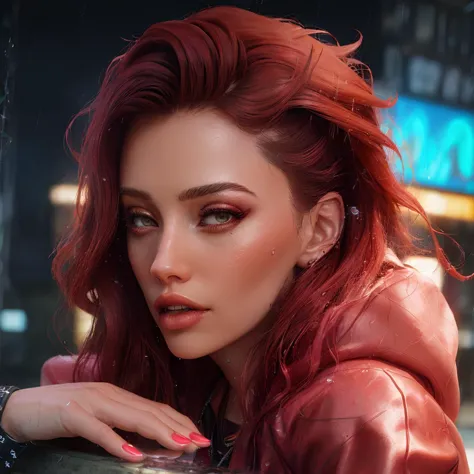 best quality, masterpiece, cinematic, realistic, cyberpunk, cyberpunk city, neon, volumetric lighting, black sky, (raining, thunderstorm), 1girl, (scarlet witch clothing, hoodie, pants, punk clothes), (flowing red hair), water reflecting off ground, bubble butt, No-one26, (dark brown eyes), big breasts, closed mouth