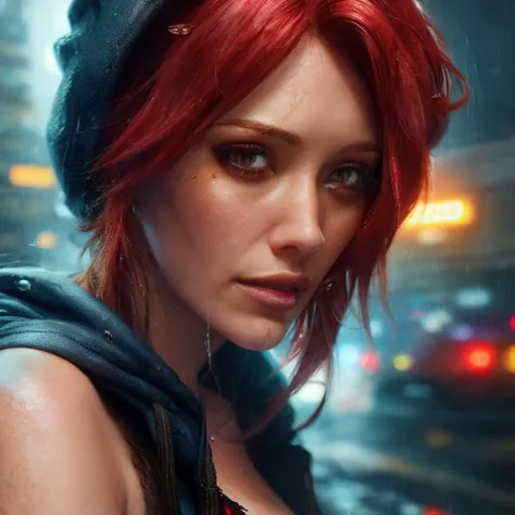 best quality, masterpiece, cinematic, realistic, cyberpunk, cyberpunk city, neon, volumetric lighting, black sky, (raining, thunderstorm), 1girl, (scarlet witch clothing, hoodie, pants, punk clothes), (flowing red hair), water reflecting off ground, ((hidden face)), close up, (torn clothes), bubble butt, No-one19, dark blue eyes