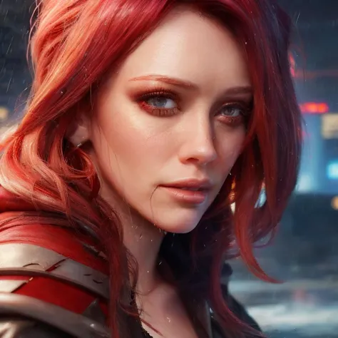 a close up of a woman with red hair and a black jacket