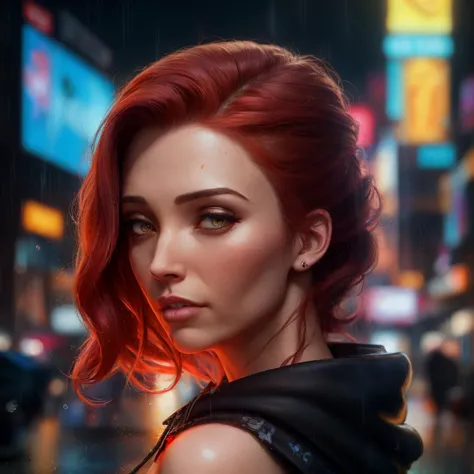 best quality, masterpiece, cinematic, realistic, cyberpunk, cyberpunk city, neon, volumetric lighting, black sky, (raining, thunderstorm), 1girl, (scarlet witch clothing, hoodie, pants, punk clothes), (flowing red hair), water reflecting off ground, bubble butt, No-one27, (dark brown eyes), big breasts, closed mouth