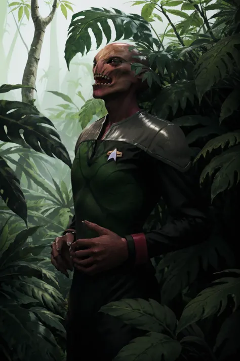 masterpiece, contrast, high details
<lora:Ds9Divi:0.7>, <lora:xcom_sectoid:0.9>,
xcom sectoid in (ds9st red and black:1.4) uniform, teeth
medium full shot, top down view, (standing in the jungle:1.3), a lot of (green leaves:1.2), vines