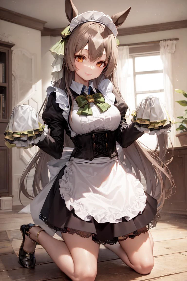 masterpiece, best quality,
satono diamond \(umamusume\),
kneeling, full body,
sleeves past wrists, long sleeves, black footwear, smile, frills, apron, sleeves past fingers, shoes, green bowtie, black dress, standing, maid headdress, closed mouth, puffy sleeves, corset, alternate costume, skirt
