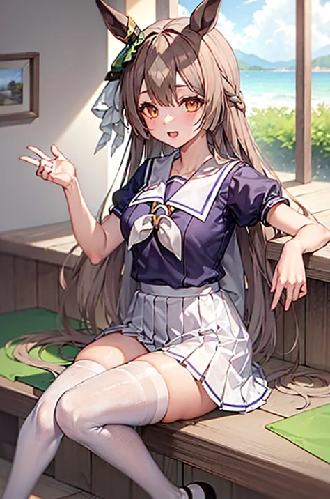 masterpiece, best quality, satono diamond \(umamusume\), tracen school uniform, purple shirt, pleated skirt, puffy short sleeves, white skirt, puffy sleeves, summer uniform, frilled skirt, sailor collar, sailor shirt, miniskirt, frills, white thighhighs, <lora:satono_diamond_lora:0.8>