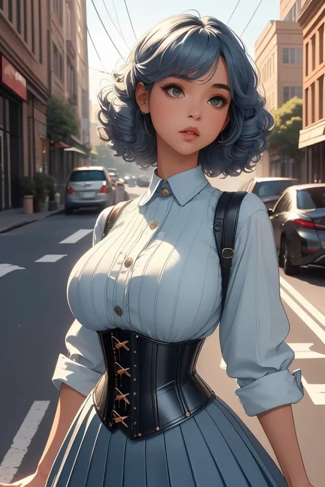 a woman with blue hair and a blue dress is walking down the street