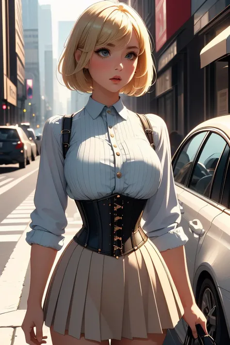 (masterpiece, best quality), 1girl,  Blonde High and Tight Haircut, Size H breasts,   <lora:girllikecarglass:0.8> car glass, mirror, corset, pleated shirt, button skirt, sidewalk