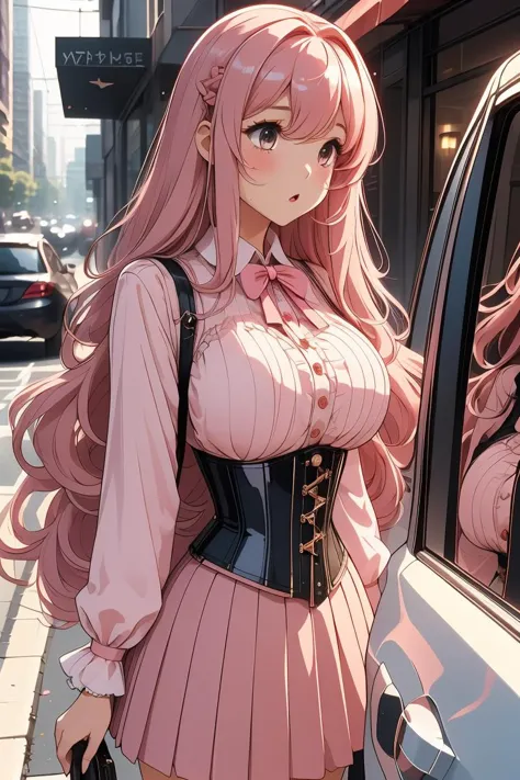 anime girl in pink dress standing next to car on city street