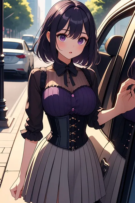 anime girl in a short skirt leaning out of a car