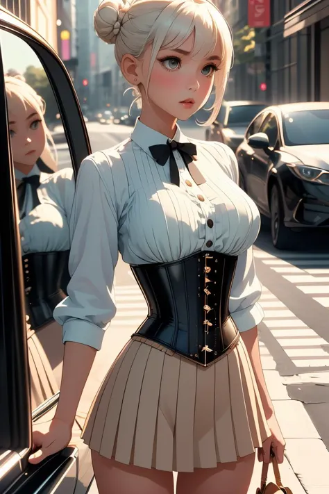 anime girl in a skirt and blouse standing next to a car