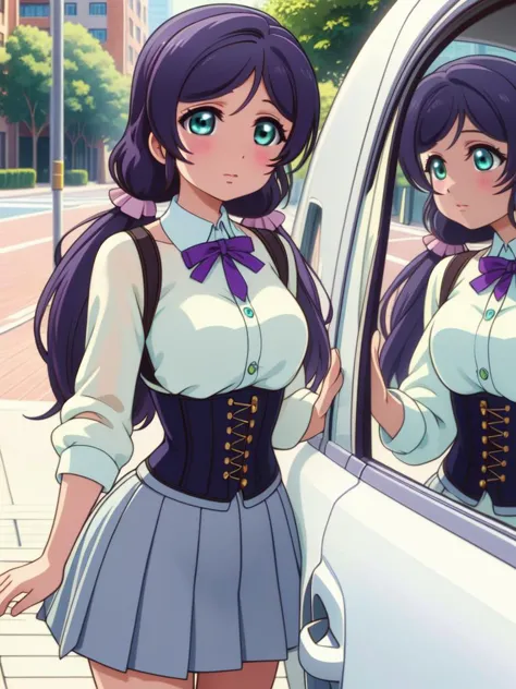 anime girl in uniform standing next to a car with her reflection in the mirror