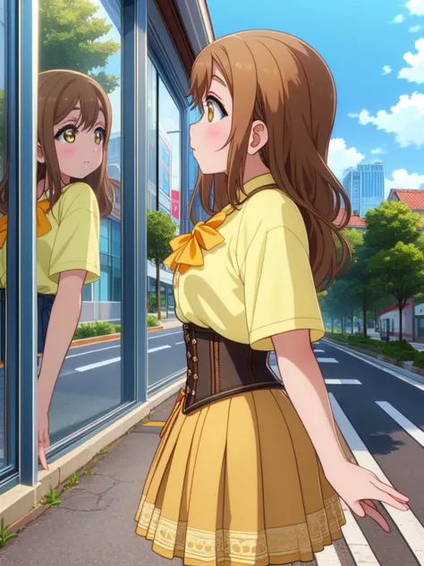 anime girl looking out of window at street with reflection in window