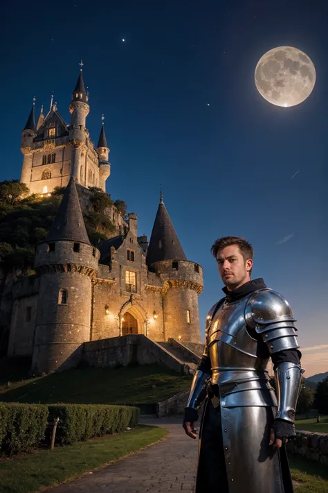 arafed knight in full armor standing in front of a castle