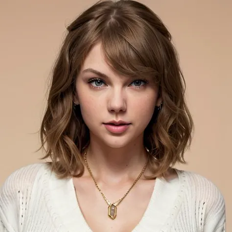 a photo of Taylor_Swift_512v1-4900, a woman in a white sweater wearing a gold necklace around her neck,