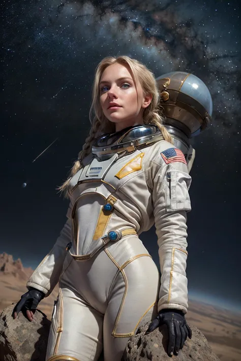 <lora:more_details:0.2>
(low angle shot, establishing shot:1.25),
(1girl in fully covering science fiction space suit:1.35), ((standing on a rock needle)),
(blonde hair, braid, blue eyes:1.2),
(on a barren gray dusty planet),
(stars and shooting stars in the background),
science fiction,
(RAW photo, photorealism, realistic, masterpiece, highly detailed),  natural skin, textured skin, beautiful detailed face, finely detailed beautiful eyes, (crystal eyes:0.5)