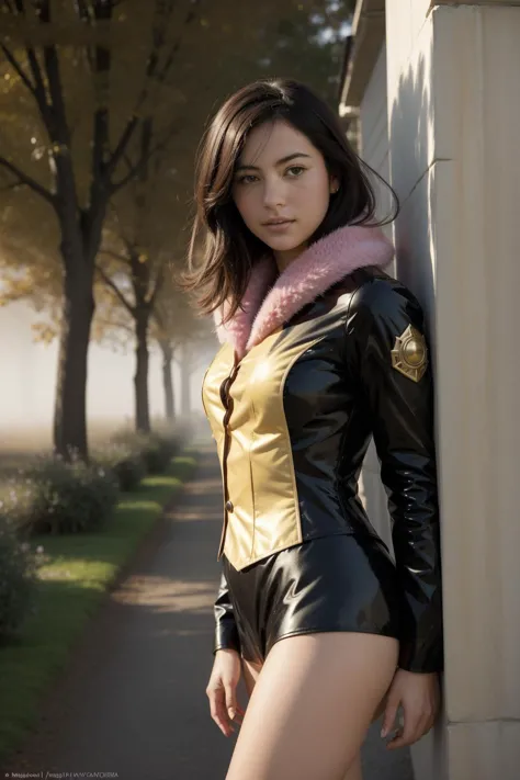 a woman in a leather outfit posing for a picture