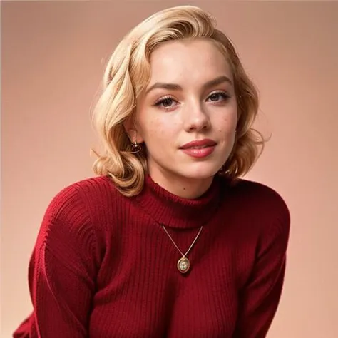 a close up of a woman in a red sweater posing for a picture