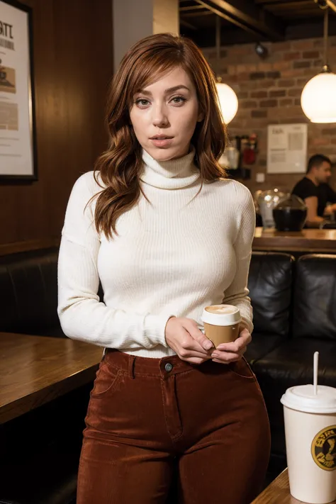 laurenphillips,a woman wearing winter turtleneck Cotton turtleneck and corduroy pants, coffee shop, (golden hour:0.5) <lora:laurenphillips:0.3>