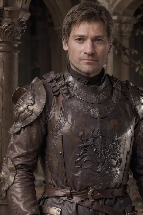 a close up of a man in a leather armor standing in a building