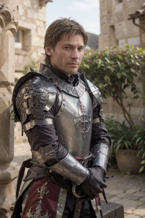 <lora:nicolajcoster:0.9> nicolajcoster a man wearing medieval armor, castle, serene delta