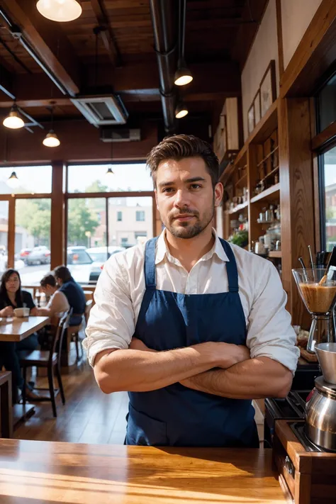 Man and coffee shop and morning light and straight-on angle