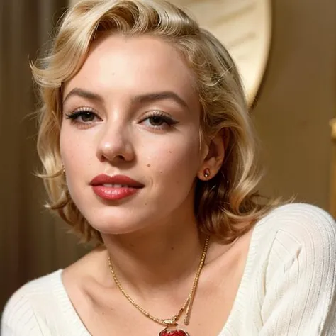 a photo of Marilyn_Monroe_512v1-9300, a woman wearing a red sweater, a woman with a gold necklace,