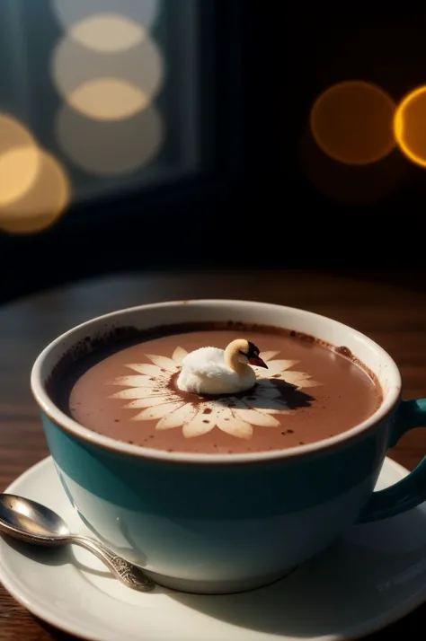 there is a cup of hot chocolate with a spoon on a table