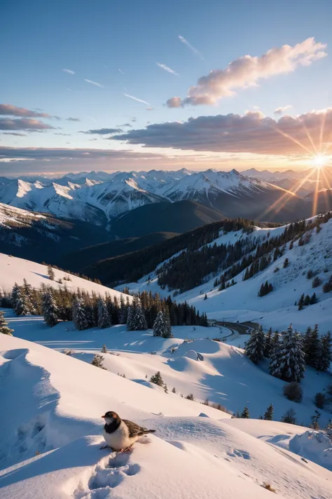 snowy mountain, cityscape, sunset, bird's-eye view.