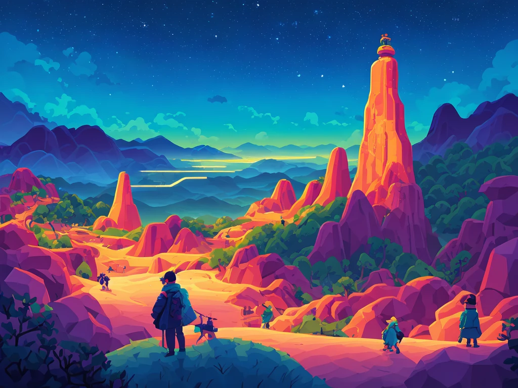 ((forest and mountain and starry sky with trip shape cloud)), space elevator, civilization, hi - tech building, Sci - fi movie,
(high contrast), (vector artwork), 2D flash game, (clean color), (clear boundaries), (bright colororning or dusk sky),
(explicit), (extreme sharp focusasterpiece)), (best quality), (extreme details), fine art, silhouette, tidy style,
(Kurzgesagt style), by Kurzgesagt, (by Hiroshi Yoshida), (by Hasui Kawase), by Atey Ghailan, by Ismail Inceoglu